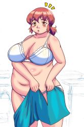 Rule 34 | 1girl, belly, blush, bra, breasts, brown eyes, brown hair, fat, highres, inamori futayo, large breasts, looking at viewer, obese, open clothes, open mouth, orizen, panties, ponytail, solo, standing, thick thighs, thighs, underwear