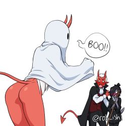 Rule 34 | absurdres, alternate hairstyle, ass, belt, black belt, black cape, black hair, black headwear, black pants, black skin, blush, bottomless, broom, cape, colored skin, commentary, demon boy, demon girl, demon tail, dragon girl, dragon horns, dragon tail, ghost costume, hat, highres, holding, holding broom, horns, li (rob ishi), long hair, long sleeves, looking at another, mini hat, nelu (rob ishi), no panties, no pants, open mouth, original, pants, pointy ears, rae (rob ishi), red skin, red vest, rob ishi, shirt, short hair, simple background, speech bubble, tail, vampire costume, vest, white background, white hair, white shirt, wide-eyed, witch, witch hat