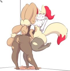 Rule 34 | 2girls, absurdres, animal ears, ass, bespectacled, between legs, black legwear, blush, braixen, breast press, breast sucking, breasts, cleft of venus, closed eyes, clothes pull, collarbone, creatures (company), diamond (shape), fingering, fox ears, fox tail, freckles, from behind, full body, furry, game freak, gen 4 pokemon, gen 6 pokemon, glasses, hand between legs, hand up, highres, immortalstar, leaning forward, leg lift, looking away, looking up, lopunny, medium breasts, multiple girls, navel, nintendo, nipples, open mouth, pantyhose, pantyhose pull, pokemon, pokemon (creature), pokemon dppt, pokemon xy, pussy, rabbit ears, rabbit tail, shirt, short sleeves, signature, simple background, skirt, standing, standing on one leg, sweater vest, tail, text focus, thick thighs, thighs, torn clothes, torn legwear, uncensored, unworn shirt, unworn skirt, white background, white shirt, yuri