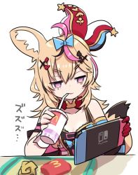 Rule 34 | animal ears, blonde hair, breasts, cleavage, commentary request, cup, disposable cup, drinking, drinking straw, fox ears, fox girl, fox tail, hair between eyes, hair ornament, hairclip, hat, heart, heart-shaped pupils, holding, hololive, jester cap, mcdonald&#039;s, medium breasts, nintendo switch, omaru polka, omaru polka (1st costume), purple eyes, simple background, sitting, solo, symbol-shaped pupils, tail, tray, virtual youtuber, white background, yoshida on