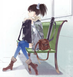 Rule 34 | 1girl, ankle boots, bag, bench, blue thighhighs, boots, brown hair, eihi, original, poncho, ponytail, profile, scarf, short hair, shoulder bag, sitting, solo, thighhighs