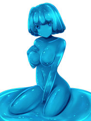 Rule 34 | 1girl, blue eyes, blue hair, blue skin, colored skin, hand on own chest, kneeling, looking at viewer, monster girl, no nipples, rethnick, short hair, slime girl, solo