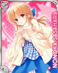 Rule 34 | 1girl, :o, apron, blue bow, blue dress, bow, bowtie, breasts, brown eyes, cafe, card (medium), checkered apron, checkered clothes, dress, girlfriend (kari), indoors, large breasts, light brown hair, long hair, looking at viewer, official art, open mouth, pink background, qp:flapper, sasahara nonoka, shirt, standing, tagme, waitress, white shirt, wooden floor
