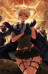 Rule 34 | 3girls, artist name, backlighting, bare hips, belt, blonde hair, blue gloves, blue neckwear, blunt bangs, bolt action, brown hair, character request, check character, closed eyes, commentary, corset, english commentary, eyes visible through hair, girls&#039; frontline, glove pull, gloves, gluteal fold, gun, half gloves, handgun, highres, holster, integral suppressor, integrally-suppressed firearm, jacket, jacket on shoulders, kar98k (girls&#039; frontline), manual firearm, multiple girls, necktie, open mouth, orange sky, red eyes, rifle, short hair, sky, suppressor, terupancake, thick eyebrows, thigh gap, thigh holster, thigh strap, twintails, twitter username, wa2000 (girls&#039; frontline), weapon, welrod, welrod mk ii, welrod mkii (girls&#039; frontline), white hair
