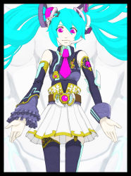Rule 34 | 1girl, alternate costume, aqua hair, asymmetrical clothes, belt, detached sleeves, female focus, hatsune miku, headset, highres, necktie, pink eyes, solo, teku (the3dempire), thighhighs, twintails, vocaloid