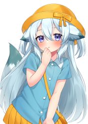 Rule 34 | :o, absurdres, animal ear fluff, animal ears, bag, blue shirt, blush, collared shirt, commission, copyright request, dress shirt, grey hair, hair between eyes, hand up, hat, highres, kindergarten bag, long hair, looking at viewer, parted lips, pleated skirt, purple eyes, sakura chiyo (konachi000), school hat, shirt, shoulder bag, simple background, skirt, tail, tail raised, two side up, very long hair, virtual youtuber, white background, yellow headwear, yellow skirt