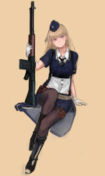 Rule 34 | 1girl, absurdres, automatic rifle, battle rifle, belt, belt pouch, black footwear, black necktie, blonde hair, blue eyes, blue hat, blue jacket, blue skirt, boots, buttons, collared shirt, cropped jacket, fg42 (girls&#039; frontline), fg 42, full body, garrison cap, girls&#039; frontline, gloves, goggles, goggles around neck, gun, hat, highres, jacket, looking at viewer, miniskirt, necktie, pantyhose, pouch, rampart1028, rifle, shirt, short sleeves, simple background, sitting, skirt, solo, weapon, white gloves, white shirt, yellow background