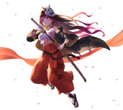 Rule 34 | 1girl, bandeau, bare shoulders, black hair, brown eyes, cherry blossoms, collarbone, commentary request, drawing sword, fingernails, full body, gradient hair, gurenge, haori, highres, holding, holding sword, holding weapon, japanese clothes, jewelry, katana, kimetsu no yaiba, lisa (singer), long hair, mask, mask on head, multicolored hair, nail polish, necklace, oni mask, petals, purple hair, red nails, sarashi, sheath, solo, sword, unsheathing, virtual youtuber, weapon, wedo