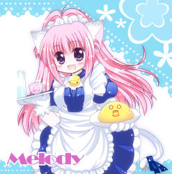 Rule 34 | 1girl, :d, alternate costume, animal ears, apron, bad id, bad pixiv id, bell, blue eyes, blush, cat ears, cat tail, character name, cup, dress, enmaided, fang, frills, gloves, jingle bell, long hair, maid, maid apron, melody sinclair, no nose, open mouth, pink hair, ponytail, smile, solo, sukuneko, tail, teacup, tray, white gloves, yuukyuu gensoukyoku