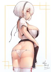 Rule 34 | 1girl, absurdres, asla yu, ass, azur lane, breasts, butt crack, character name, choker, closed mouth, clothes lift, dated, dress, dress lift, frilled choker, frills, from behind, hairband, highres, lace-trimmed hairband, lace trim, large breasts, lifting another&#039;s clothes, looking at viewer, looking back, lowleg, lowleg panties, o-ring, o-ring bottom, o-ring panties, panties, puffy short sleeves, puffy sleeves, red eyes, red ribbon, ribbon, ribbon-trimmed legwear, ribbon trim, short hair, short sleeves, signature, sirius (azur lane), solo, standing, thighhighs, underwear, white hair, white panties, white thighhighs