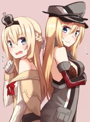Rule 34 | 10s, 2girls, armor, back-to-back, bad id, bad pixiv id, bare shoulders, bismarck (kancolle), blonde hair, blue eyes, blush, braid, breastplate, breasts, brown gloves, crown, french braid, gloves, hairband, hat, highres, kantai collection, kapatarou, long hair, military, military hat, military uniform, mini crown, multiple girls, off shoulder, open mouth, peaked cap, uniform, warspite (kancolle)
