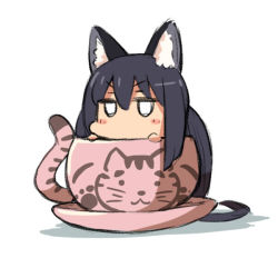Rule 34 | 1girl, animal ears, bad id, bad pixiv id, black hair, blush stickers, cat, cat ears, chibi, cup, gunjima souichirou, in container, in cup, k-on!, long hair, nakano azusa, solo, teacup, twintails
