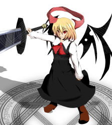 Rule 34 | 1girl, 3d, blonde hair, dress, embodiment of scarlet devil, ex-rumia, female focus, full body, fuoco, hair ribbon, magic circle, red eyes, ribbon, rumia, shadow, short hair, solo, sword, the iron of yin and yang, touhou, weapon, white background, wings