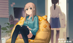 Rule 34 | 2girls, absurdres, adachi sakura, adachi to shimamura, bag, black hair, black legwear, black shorts, blue shirt, blue skirt, brown eyes, brown hair, chinese commentary, closed mouth, commentary request, controller, eighth note, game controller, highres, holding, holding controller, holding game controller, indoors, linpiu, long hair, long sleeves, looking at viewer, multiple girls, musical note, plant, pleated skirt, ponytail, potted plant, school uniform, shimamura hougetsu, shirt, shopping bag, shorts, sitting, skirt, smile, spoken musical note, standing, stuffed animal, stuffed rabbit, stuffed toy, television, thighhighs, white shirt