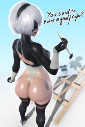 Rule 34 | 1girl, 2b (nier:automata), absurdres, ass, back, black blindfold, blindfold, bodypaint, breasts, english text, from behind, hairband, high heels, highres, huge ass, large breasts, lips, nier:automata, nier (series), nude, painted clothes, popogori, short hair, simple background, solo, thick thighs, thighs, white hair
