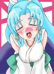 Rule 34 | 1girl, aqua hair, banpresto, bare shoulders, blue hair, blush, breasts, cleavage, closed eyes, covered erect nipples, cum, cum in mouth, cum on body, cum on breasts, cum on clothes, cum on tongue, cum on upper body, glacies, japanese clothes, kimono, long hair, open mouth, ponytail, super robot wars, super robot wars destiny, super robot wars original generation, teeth, tongue, very long hair