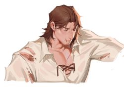 Rule 34 | 1boy, belmond banderas, blood, blood on face, brown hair, closed eyes, closed mouth, collarbone, collared shirt, cropped torso, facing viewer, henrryxv, highres, large pectorals, male focus, nijisanji, parted bangs, pectoral cleavage, pectorals, shirt, simple background, solo, thick eyebrows, torn clothes, torn shirt, upper body, virtual youtuber, white background, white shirt