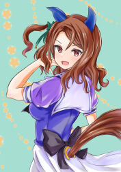Rule 34 | 1girl, animal ears, back bow, black bow, bow, breasts, brown hair, clothing cutout, commentary request, ear bow, ear covers, from behind, green bow, hair between eyes, highres, horse ears, horse girl, horse tail, king halo (umamusume), blue background, looking at viewer, medium breasts, medium hair, open mouth, pleated skirt, puffy short sleeves, puffy sleeves, purple shirt, red eyes, sailor collar, school uniform, shirt, short sleeves, skirt, smile, solo, star (symbol), summer, tail, tail through clothes, tracen school uniform, umamusume, vandy76, white skirt