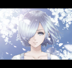 Rule 34 | 1girl, absurdres, blurry, collarbone, depth of field, expressionless, grey eyes, grey hair, hair over one eye, highres, kirishima touka, lens flare, letterboxed, petals, portrait, solo, tokyo ghoul, yamasaki haruta