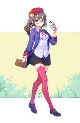 Rule 34 | 1girl, bag, beret, black skirt, brown eyes, brown hair, buttons, coffee cup, cup, disposable cup, drinking straw, full body, glasses, hair ornament, hairpin, handbag, hat, highres, jacket, long sleeves, looking at viewer, neck ribbon, open clothes, open jacket, original, pink thighhighs, red-framed eyewear, ribbon, round eyewear, shirt, shoes, shoonear, short hair, skirt, smile, solo, thighhighs, walking, white shirt, zettai ryouiki