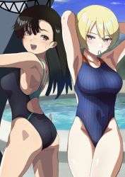 Rule 34 | 2girls, arm behind head, armpits, ass, asymmetrical bangs, back cutout, bare shoulders, black hair, black one-piece swimsuit, blonde hair, blue eyes, blue one-piece swimsuit, blush, braid, breasts, brown eyes, clothing cutout, cloud, collarbone, competition swimsuit, covered navel, darjeeling (girls und panzer), day, from behind, girls und panzer, hair tie, hair tie in mouth, kiya hajime, long hair, looking at another, mouth hold, multiple girls, nishi kinuyo, one-piece swimsuit, open mouth, outdoors, pool, pool ladder, poolside, sky, smile, swimsuit, thighs, water