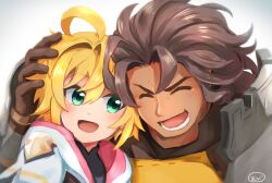 Rule 34 | armor, blonde hair, blush, brown hair, capelet, closed eyes, commentary request, dragalia lost, ebi (hachikunperoi), euden, green eyes, hand on another&#039;s head, heads together, hood, hood down, hooded capelet, laughing, looking at another, open mouth, pauldrons, ranzal (dragalia lost), shoulder armor, signature, white background