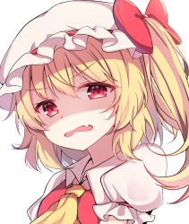 Rule 34 | 1girl, absurdres, ascot, blonde hair, bow, commentary, fang, flandre scarlet, frilled sleeves, frills, hair between eyes, hanen (borry), hat, highres, long hair, looking at viewer, mob cap, one side up, open mouth, puffy short sleeves, puffy sleeves, red bow, red eyes, red vest, shaded face, shirt, short sleeves, side ponytail, simple background, solo, sweatdrop, touhou, upper body, vest, white background, white hat, white shirt, yellow ascot