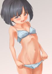 Rule 34 | 1girl, absurdres, black eyes, black hair, blue bra, blue panties, blunt bangs, blush, bob cut, bottomless, bra, breasts, brown background, collarbone, commentary, covering privates, covering crotch, cowboy shot, embarrassed, furrowed brow, girls und panzer, groin, helmet (trailblazer003), highres, holding, holding clothes, holding panties, holding underwear, looking at viewer, looking to the side, narrowed eyes, navel, open mouth, panties, unworn panties, ribs, short hair, simple background, small breasts, solo, sono midoriko, underwear, underwear only, worried