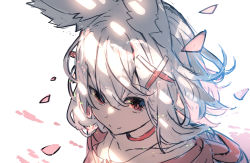 Rule 34 | 1girl, animal ear fluff, animal ears, closed mouth, collarbone, commentary request, fox ears, grey hair, hair between eyes, hair ornament, hairclip, highres, original, petals, red eyes, sketch, smile, solo, upper body, white background, x hair ornament, yuuji (yukimimi)
