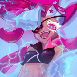 Rule 34 | 1girl, artist name, blue hair, cookie run, crop top, dark-skinned female, dark skin, drill hair, electricity, eyepatch, fangs, highres, multicolored hair, one eye covered, open clothes, pink eyes, pink hair, seikeruwu, solo, star-shaped pupils, star (symbol), streaked hair, symbol-shaped pupils, twin drills, twizzly gummy cookie, upper body