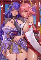 Rule 34 | 2girls, artist name, braid, breasts, closed mouth, commentary, english commentary, exlic, falling petals, fingernails, genshin impact, highres, hug, japanese clothes, kimono, large breasts, light smile, long hair, looking at viewer, multiple girls, parted lips, patreon username, petals, pink hair, purple hair, raiden shogun, sideboob, standing, thighs, yae miko, yuri