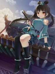Rule 34 | 1girl, anklet, architecture, asymmetrical legwear, bare shoulders, belt, black hair, blush, bow, cherry, cloud, east asian architecture, fingerless gloves, flute, food, from below, fruit, gloves, hair bow, hair rings, headset, highres, instrument, jewelry, long hair, luo tianyi, mismatched legwear, okingjo, red eyes, rooftop, short hair with long locks, single thighhigh, sitting, skirt, sky, smile, solo, thighhighs, twintails, vocaloid