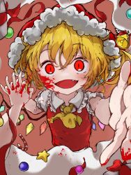 Rule 34 | 1girl, alternate headwear, ascot, bell, blonde hair, blood, blood on clothes, blood on face, blood on hands, collar, commentary request, crystal, fang, flandre scarlet, foreshortening, frilled collar, frills, hair between eyes, hat, highres, holding hands, looking at viewer, myui17901139, open mouth, pov, reaching, reaching towards viewer, red eyes, red vest, short hair, short sleeves, slit pupils, smile, solo focus, touhou, upper body, vest, wings, yellow ascot
