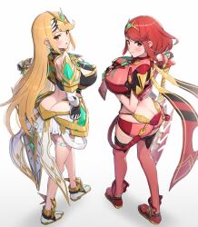 2girls absurdres ass blonde_hair breasts butt_crack gonzarez highres large_breasts long_hair multiple_girls mythra_(xenoblade) pyra_(xenoblade) red_eyes simple_background very_long_hair white_background xenoblade_chronicles_(series) xenoblade_chronicles_2