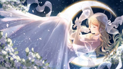 Rule 34 | 1girl, bare shoulders, bison cangshu, blonde hair, blurry, closed mouth, collarbone, crescent moon, depth of field, dress, earrings, closed eyes, flower, from side, full body, hat, highres, jewelry, long hair, miracle nikki, moon, night, night sky, rose, see-through, sky, smile, solo, star (sky), starry sky, white dress, white flower, white rose
