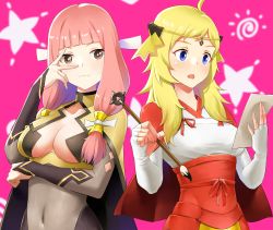Rule 34 | + +, 2girls, absurdres, ahoge, alternate costume, blonde hair, blue eyes, brown eyes, cosplay, costume switch, dark mage (fire emblem fates), fire emblem, gloves, highres, holding, igni tion, looking at viewer, mitama (fire emblem), mitama (fire emblem) (cosplay), multiple girls, nintendo, open mouth, ophelia (fire emblem), ophelia (fire emblem) (cosplay), paintbrush, paper, pink hair, star-shaped pupils, star (symbol), symbol-shaped pupils, v