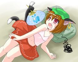 Rule 34 | 1girl, animal ears, brown hair, cat ears, cat girl, cat tail, chen, cirno, des (namaasi), earrings, fang, female focus, gradient background, hand fan, hat, holding, holding with tail, jewelry, lying, multiple tails, navel, paper fan, prehensile tail, red eyes, short hair, skirt, solo, squiggle, tail, touhou, uchiwa
