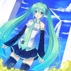 Rule 34 | 1girl, ahoge, bad id, bad pixiv id, cloud, day, detached sleeves, ebicha, fang, female focus, green eyes, green hair, hatsune miku, highres, long hair, matching hair/eyes, nature, necktie, open mouth, outdoors, plant, skirt, sky, solo, thighhighs, twintails, very long hair, vocaloid, wind turbine, windmill