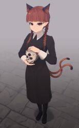 Rule 34 | 1girl, absurdres, addams family, animal ear fluff, animal ears, black dress, black footwear, black pantyhose, braid, cat ears, cat tail, closed mouth, commission, dress, extra ears, full body, highres, holding, holding skull, kaenbyou rin, long hair, long sleeves, multiple tails, pantyhose, pointy ears, red eyes, red hair, senzaicha kasukadoki, shoes, skull, solo, standing, tail, touhou, twin braids, two tails