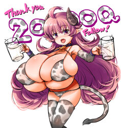 Rule 34 | 1girl, ahoge, animal print, big hair, bikini, breasts, celebration, cleavage, cow print, cow print bikini, cow print sleeves, cow print thighhighs, cow tail, cowbell, cowboy shot, cup, deep skin, demon girl, demon horns, dot nose, english text, fang, female focus, fujiyama takashi, gigantic breasts, highres, holding mug, horns, huge breasts, long hair, milk, mug, open mouth, oppai loli, pointy ears, print bikini, print thighhighs, purple eyes, purple hair, shiny skin, skindentation, smile, solo, standing, swimsuit, tail, thank you, white background