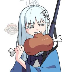 Rule 34 | 1girl, aqua hair, bar censor, black serafuku, blue archive, bolt action, boned meat, cameo, censored, commentary request, eating, food, grey eyes, gun, halo, happi, hat, highres, holding, holding food, identity censor, japanese clothes, long hair, long sleeves, looking at viewer, meat, monkey d. luffy, nagusa (blue archive), one piece, parted bangs, rifle, school uniform, serafuku, sidelocks, simple background, solo, straw hat, washin, weapon, white background, wide sleeves