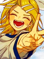 Rule 34 | 1girl, blonde hair, blue sky, blush stickers, bow, close-up, fang, foreshortening, gym shirt, hair bow, hair ornament, hairclip, kagamine rin, open mouth, shirt, sky, smile, solo, sweat, t-shirt, tukushi 6, v, vocaloid, white bow