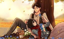 Rule 34 | 1boy, 1girl, belt, black hair, blue flower, bread, brown hair, cross-laced clothes, cross-laced top, eren yeager, falling leaves, flower, food, grass, hand on another&#039;s head, hetero, holding, holding flower, hunnymzdraws, leaf, long skirt, long sleeves, looking at another, lying on person, mikasa ackerman, open clothes, outdoors, picnic basket, pink skirt, red scarf, scarf, shingeki no kyojin, sitting, skirt, smile, tree