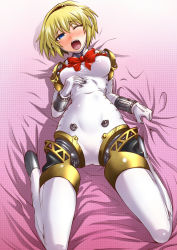 Rule 34 | 1girl, aegis (persona), android, atlus, bed sheet, blush, one eye closed, open mouth, persona, persona 3, segami daisuke, sheet grab, solo, wink