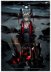 Rule 34 | 1girl, arknights, black jacket, blonde hair, breasts, collarbone, dark background, dragon horns, dress, hair between eyes, highres, holding, holding sword, holding weapon, horns, jacket, leather belt, looking at viewer, originium arts (arknights), plunging neckline, small breasts, solo, standing, sword, weapon, yellow eyes, yui (niikyouzou)