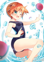 Rule 34 | 1girl, ;d, aqua eyes, bare arms, bare legs, bare shoulders, barefoot, black one-piece swimsuit, blush, breasts, brown hair, creatures (company), feet out of frame, game freak, hanamiya natsuka, holding, holding poke ball, misty (pokemon), nintendo, one-piece swimsuit, one eye closed, open mouth, outstretched arm, poke ball, poke ball (basic), pokemon, pokemon (anime), pokemon (classic anime), school swimsuit, side ponytail, small breasts, smile, solo, swimsuit, water