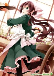 Rule 34 | 1girl, apron, asahikawa hiyori, black legwear, boots, bow, brown footwear, brown hair, cake, dress, drink, female focus, food, girls girls girls! 10 season girl collection, hair bow, headdress, highres, holding, indoors, long hair, looking back, open mouth, petticoat, ponytail, shoes, sleeves rolled up, solo, surprised, sweets, waiter, waitress uniform, white bow, window
