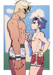 Rule 34 | 2boys, black eyes, blonde hair, blue hair, blush, cloud, cloudy sky, cocktail glass, cup, drinking glass, height difference, highres, holding, holding cup, looking at another, male focus, male swimwear, martini, multiple boys, muscular, muscular male, pectorals, scott pilgrim (series), scott pilgrim takes off, short hair, sky, smile, star (symbol), sunglasses, swim trunks, tan, tetsu (teppei), thick eyebrows, todd ingram, topless male, wallace wells