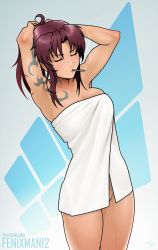 Rule 34 | 1girl, armpits, arms up, artist name, bad id, bad pixiv id, black lagoon, blue background, breasts, cigarette, closed eyes, commentary, cowboy shot, fenixman12, gradient background, grey background, groin, highres, large breasts, long hair, naked towel, ponytail, purple hair, revy (black lagoon), shoulder tattoo, skindentation, smoking, solo, tattoo, towel, tying hair, wet