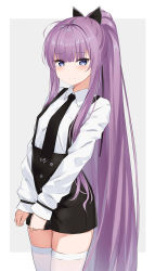 Rule 34 | 1girl, azur lane, black necktie, black ribbon, black shorts, blue eyes, blush, closed mouth, collared shirt, commentary request, grey background, hair ribbon, high-waist shorts, high ponytail, highres, kohakope, long hair, long sleeves, looking at viewer, necktie, ponytail, purple hair, ribbon, shirt, short shorts, shorts, sleeves past wrists, smile, solo, standing, suspender shorts, suspenders, tashkent (azur lane), tashkent (the bound cruiser) (azur lane), thighhighs, two-tone background, very long hair, white background, white shirt, white thighhighs
